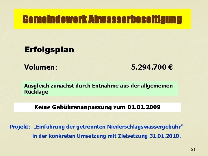 Gemeindewerk Abwasserbeseitigung Erfolgsplan Volumen: 5. 294. 700 € Ausgleich zunächst durch Entnahme aus der