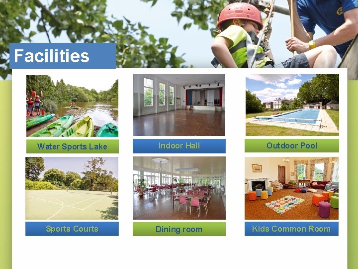 Facilities Water Sports Lake Indoor Hall Outdoor Pool Sports Courts Dining room Kids Common