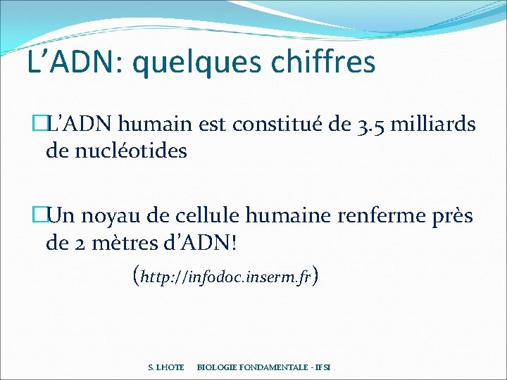 L’ADN: quelques chiffres �L’ADN humain est constitué de 3. 5 milliards de nucléotides �Un L’ADN: quelques chiffres �L’ADN humain est constitué de 3. 5 milliards de nucléotides �Un