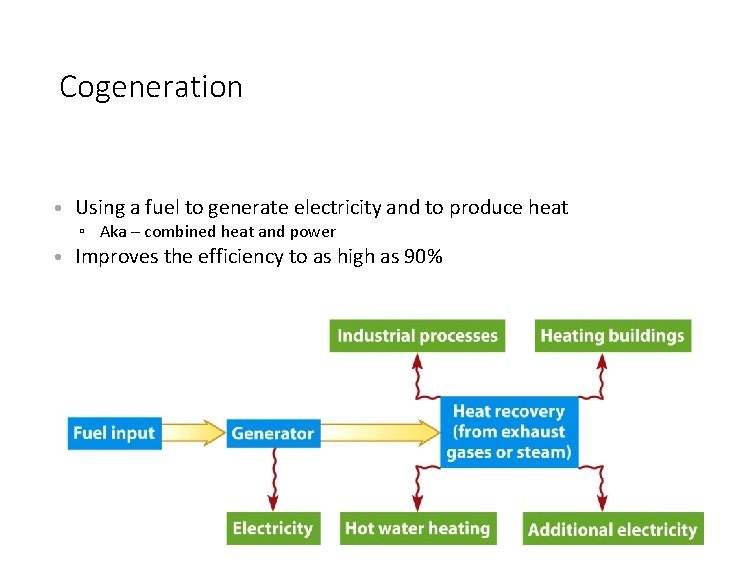 Cogeneration • Using a fuel to generate electricity and to produce heat ▫ Aka