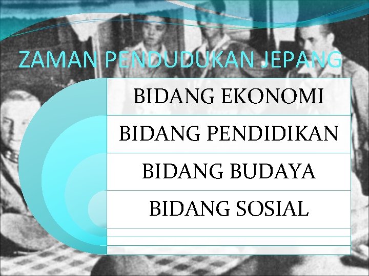 ZAMAN PENDUDUKAN JEPANG BIDANG EKONOMI BIDANG PENDIDIKAN BIDANG BUDAYA BIDANG SOSIAL 