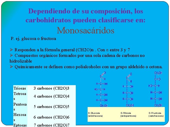 Dependiendo de su composición, los carbohidratos pueden clasificarse en: Monosacáridos P. ej. glucosa o
