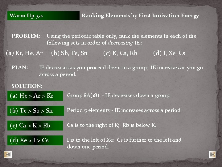 Warm Up 3. 2 PROBLEM: Ranking Elements by First Ionization Energy Using the periodic