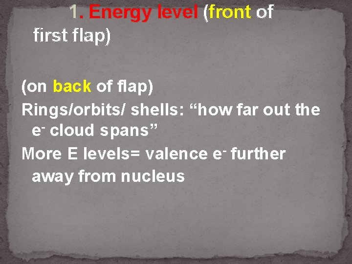 1. Energy level (front of first flap) (on back of flap) Rings/orbits/ shells: “how