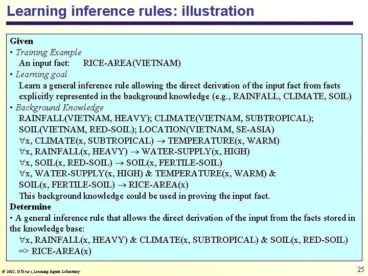 Learning inference rules: illustration Given • Training Example An input fact: RICE-AREA(VIETNAM) • Learning