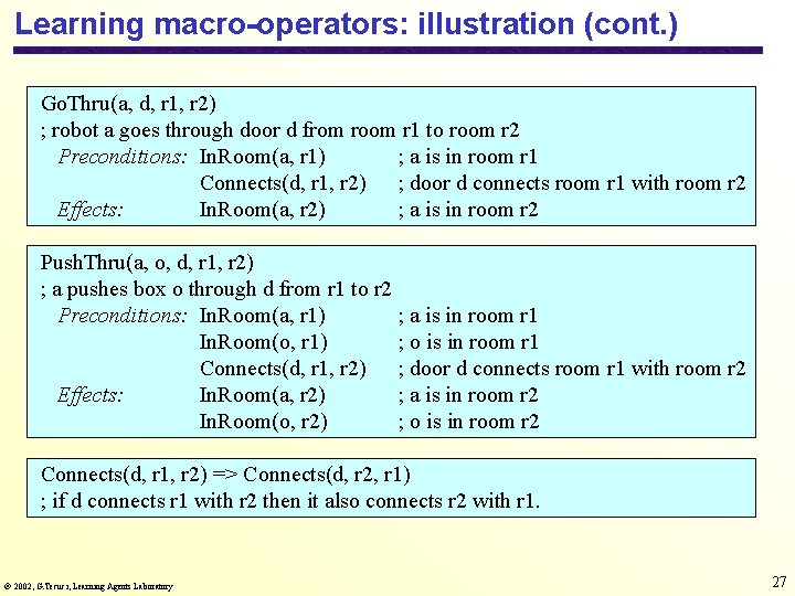 Learning macro-operators: illustration (cont. ) Go. Thru(a, d, r 1, r 2) ; robot