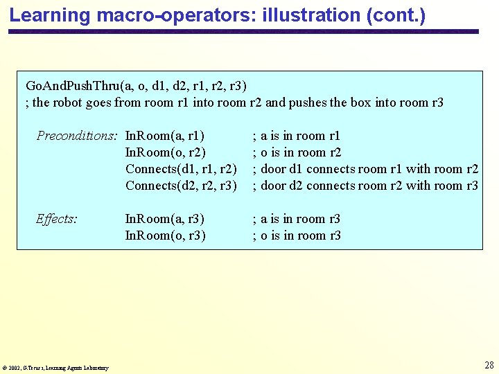 Learning macro-operators: illustration (cont. ) Go. And. Push. Thru(a, o, d 1, d 2,