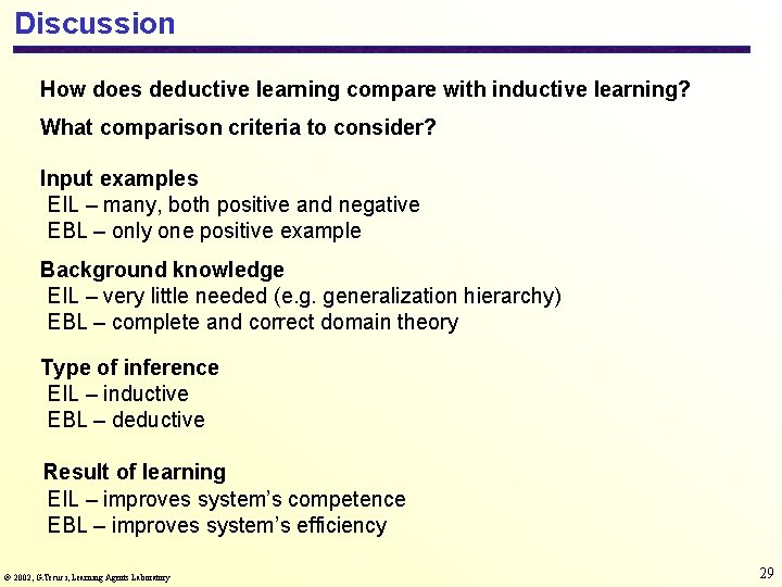 Discussion How does deductive learning compare with inductive learning? What comparison criteria to consider?