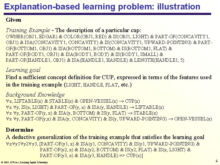 Explanation-based learning problem: illustration Given Training Example - The description of a particular cup: