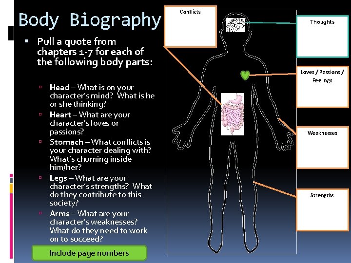 Body Biography Conflicts Thoughts Pull a quote from chapters 1 -7 for each of