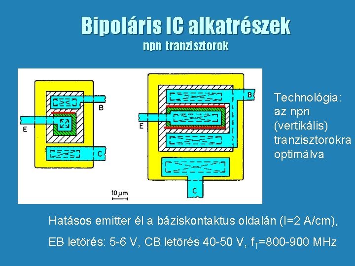 Bipoláris IC alkatrészek npn tranzisztorok Technológia: az npn (vertikális) tranzisztorokra optimálva Hatásos emitter él