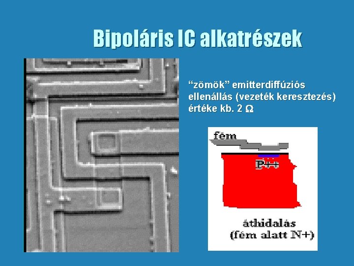 Bipoláris IC alkatrészek “zömök” emitterdiffúziós ellenállás (vezeték keresztezés) értéke kb. 2 W 