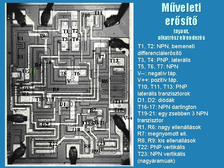 Műveleti erősítő layout, alkatrész elrendezés T 1, T 2: NPN, bemeneti differenciálerősítő T 3,