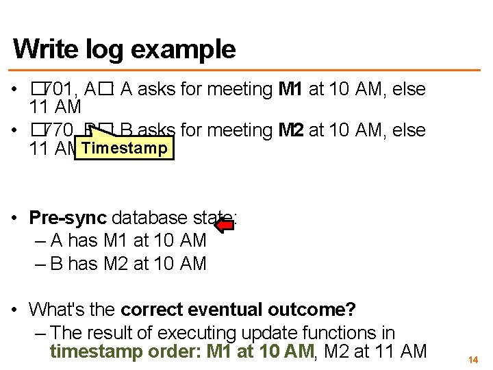 Write log example • � 701, A�: A asks for meeting M 1 at