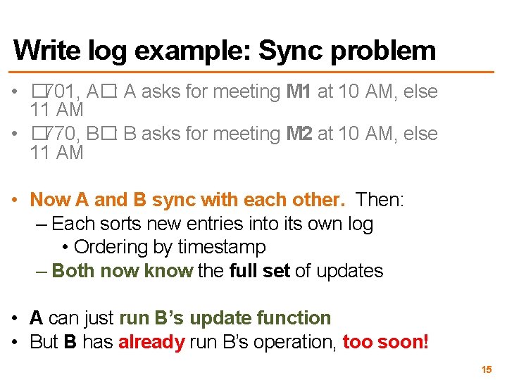 Write log example: Sync problem • � 701, A�: A asks for meeting M