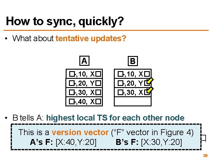 How to sync, quickly? • What about tentative updates? A B �-, 10, X�