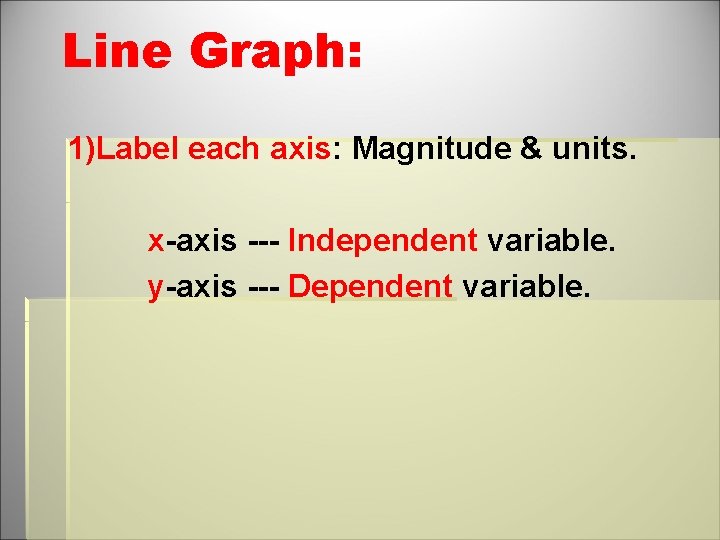 Line Graph: 1)Label each axis: Magnitude & units. x-axis --- Independent variable. y-axis ---