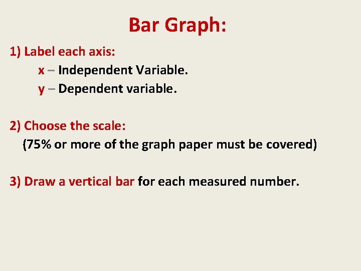 Bar Graph: 1) Label each axis: x – Independent Variable. y – Dependent variable.