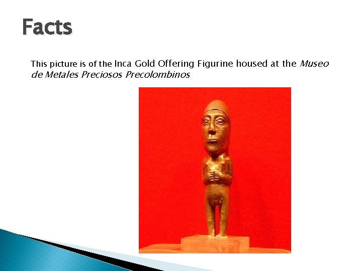 Facts This picture is of the Inca Gold Offering Figurine housed at the Museo