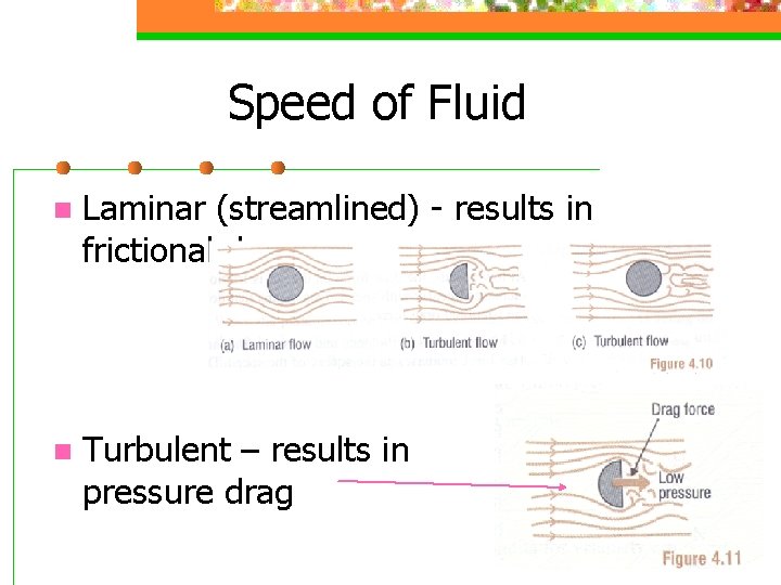 Speed of Fluid n Laminar (streamlined) - results in frictional drag. n Turbulent –