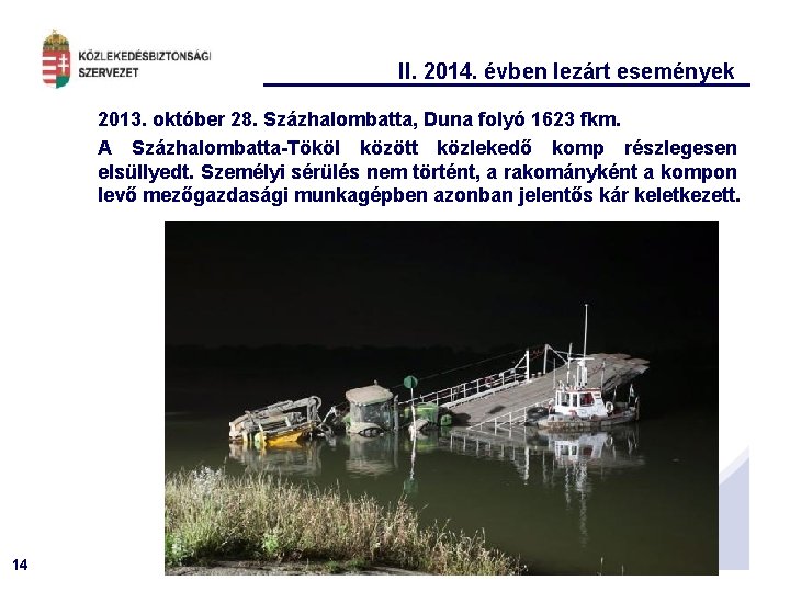 II. 2014. évben lezárt események 2013. október 28. Százhalombatta, Duna folyó 1623 fkm. A