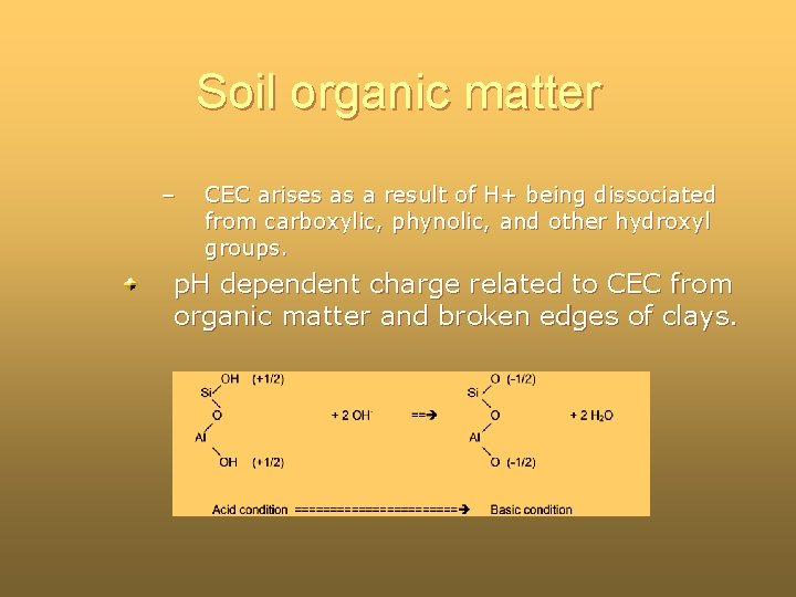 Soil organic matter – CEC arises as a result of H+ being dissociated from Soil organic matter – CEC arises as a result of H+ being dissociated from