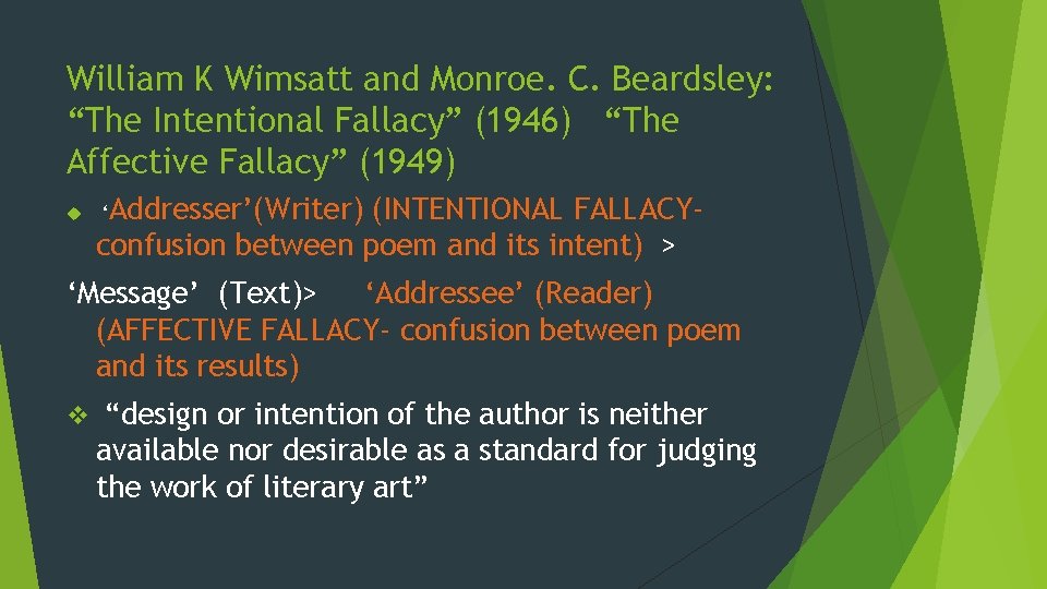 William K Wimsatt and Monroe. C. Beardsley: “The Intentional Fallacy” (1946) “The Affective Fallacy”