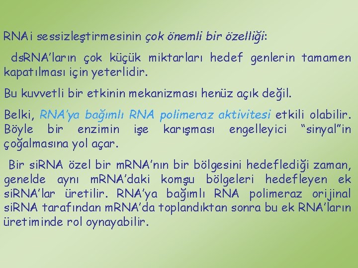 RNAi sessizleştirmesinin çok önemli bir özelliği: ds. RNA’ların çok küçük miktarları hedef genlerin tamamen