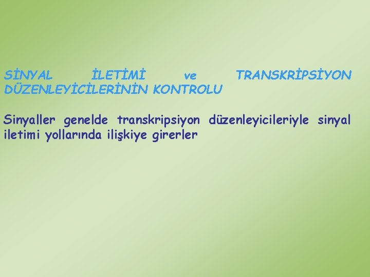 SİNYAL İLETİMİ ve DÜZENLEYİCİLERİNİN KONTROLU TRANSKRİPSİYON Sinyaller genelde transkripsiyon düzenleyicileriyle sinyal iletimi yollarında ilişkiye