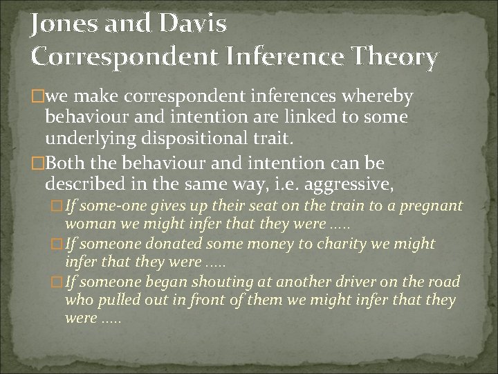 Jones and Davis Correspondent Inference Theory �we make correspondent inferences whereby behaviour and intention