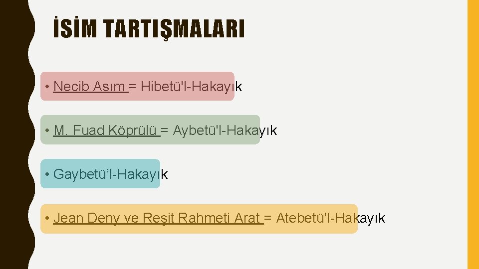 İSİM TARTIŞMALARI • Necib Asım = Hibetü'l-Hakayık • M. Fuad Köprülü = Aybetü'l-Hakayık •