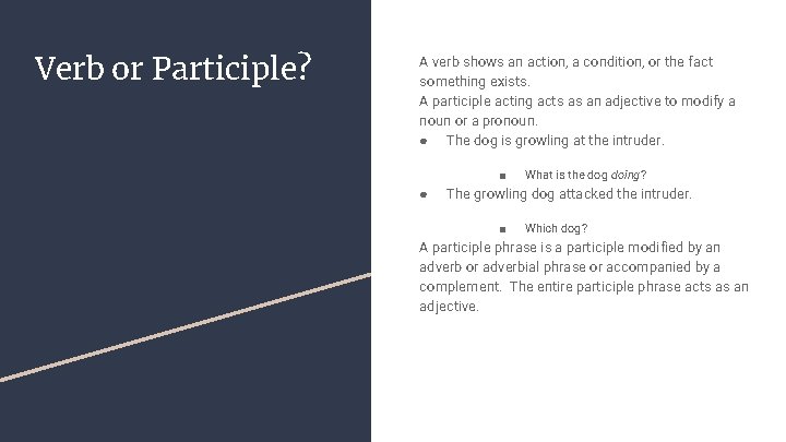 Verb or Participle? A verb shows an action, a condition, or the fact something