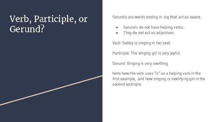 Verb, Participle, or Gerund? Gerunds are words ending in -ing that act as nouns.