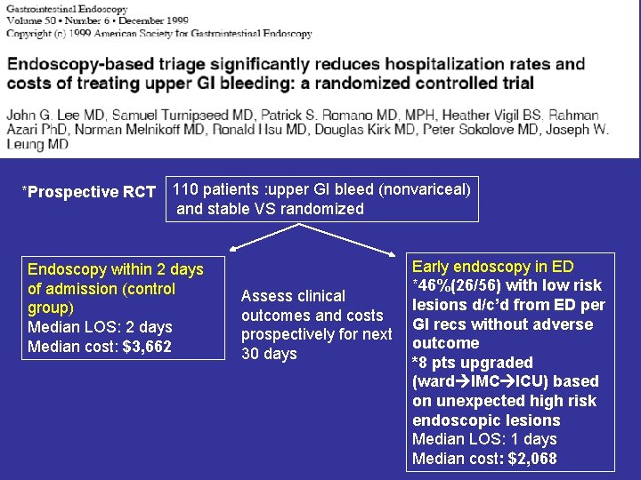 *Prospective RCT 110 patients : upper GI bleed (nonvariceal) and stable VS randomized Endoscopy