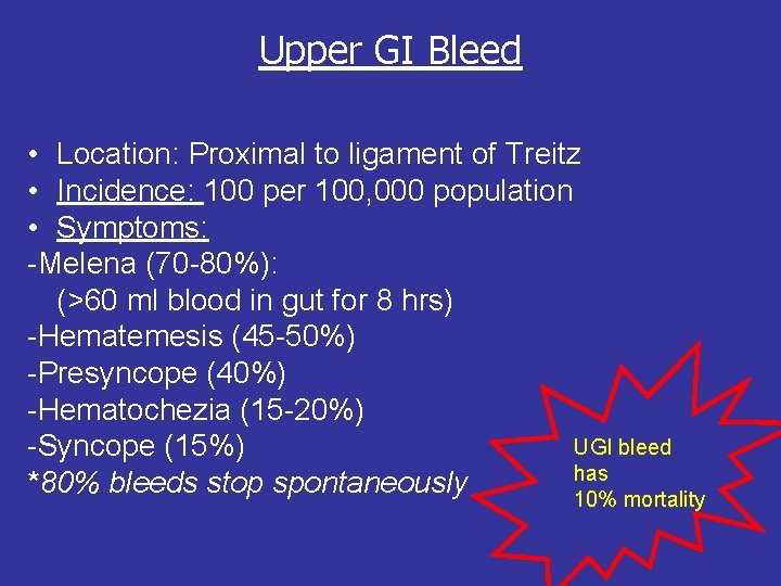 Upper GI Bleed • Location: Proximal to ligament of Treitz • Incidence: 100 per