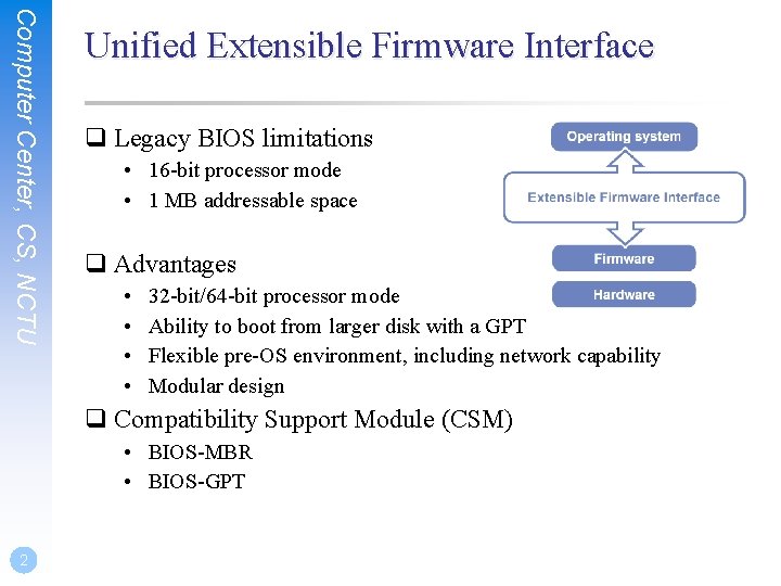 Computer Center, CS, NCTU Unified Extensible Firmware Interface q Legacy BIOS limitations • 16