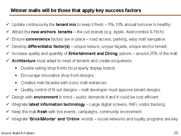 Winner malls will be those that apply key success factors ü Update continuously the