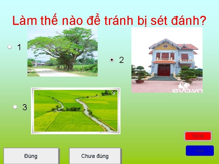 Làm thế nào để tránh bị sét đánh? 1 2 3 Trả lời Đúng