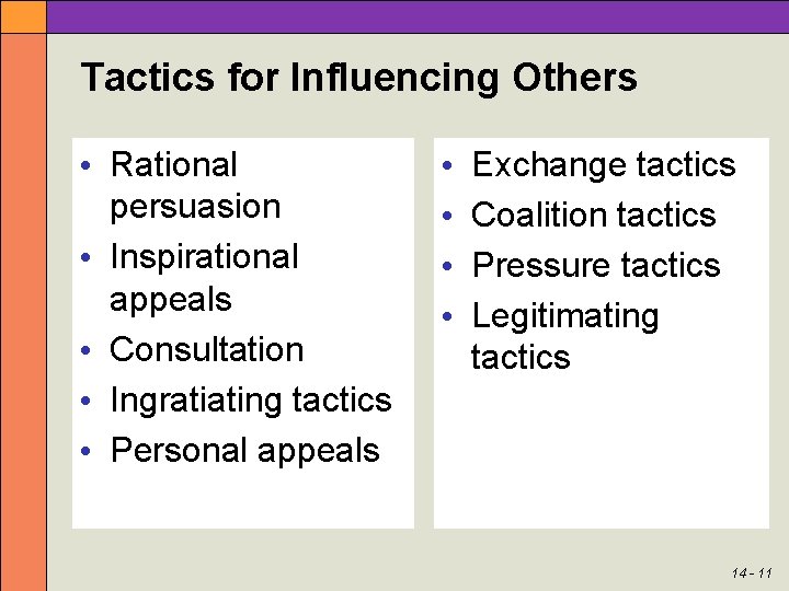 Tactics for Influencing Others • Rational persuasion • Inspirational appeals • Consultation • Ingratiating