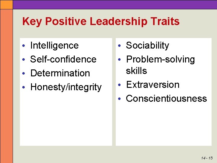Key Positive Leadership Traits • • Intelligence Self-confidence Determination Honesty/integrity • Sociability • Problem-solving