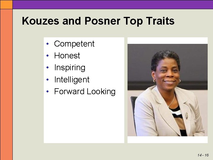 Kouzes and Posner Top Traits • • • Competent Honest Inspiring Intelligent Forward Looking