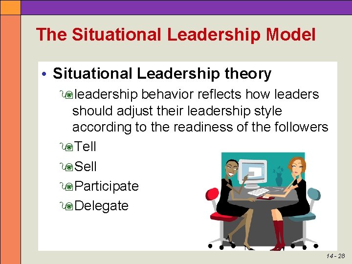 The Situational Leadership Model • Situational Leadership theory leadership behavior reflects how leaders should