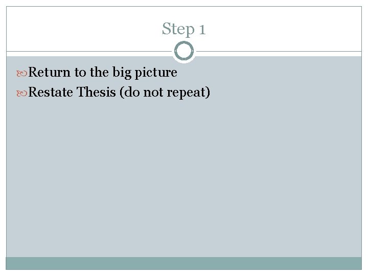 Step 1 Return to the big picture Restate Thesis (do not repeat) 