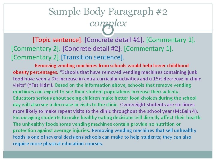 The Body Paragraph Components Topic sentence Concrete detail