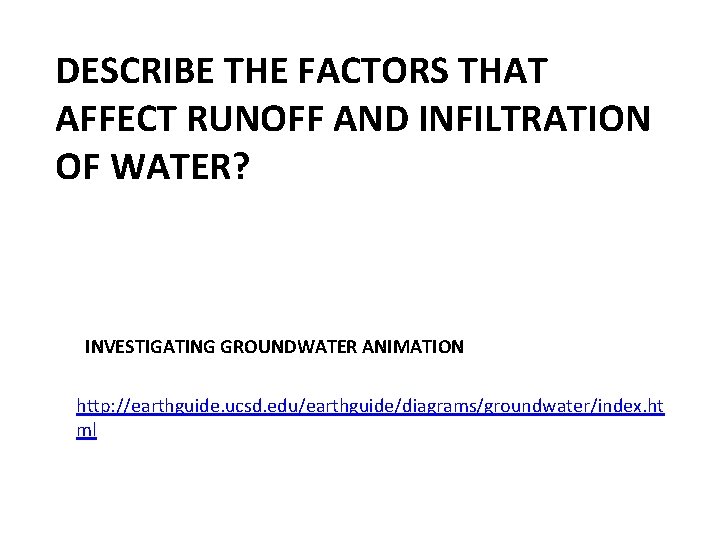 DESCRIBE THE FACTORS THAT AFFECT RUNOFF AND INFILTRATION OF WATER? INVESTIGATING GROUNDWATER ANIMATION http: