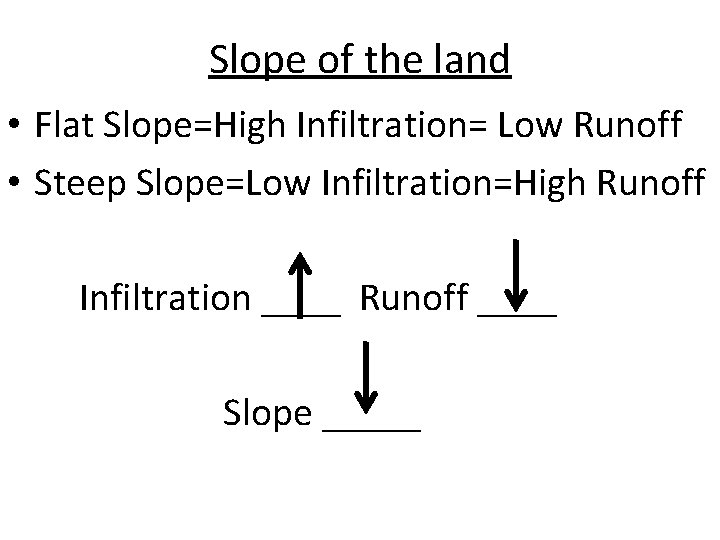 Slope of the land • Flat Slope=High Infiltration= Low Runoff • Steep Slope=Low Infiltration=High
