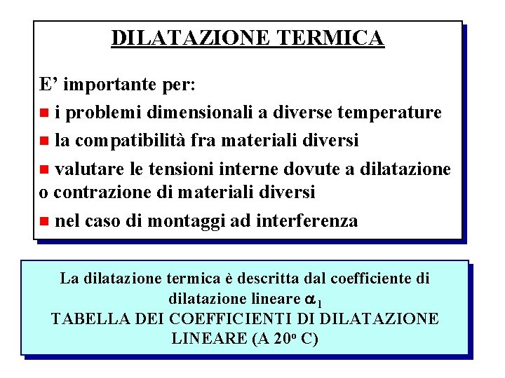 DILATAZIONE TERMICA E’ importante per: n i problemi dimensionali a diverse temperature n la