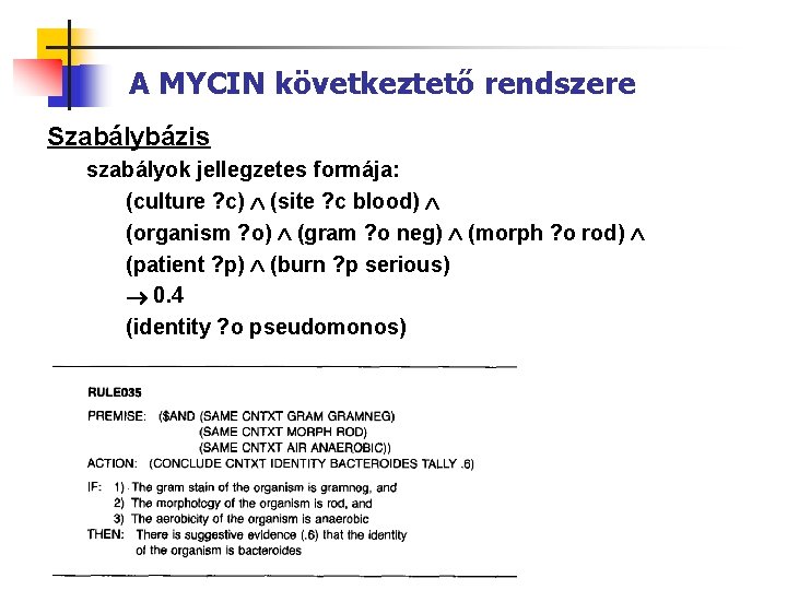 A MYCIN következtető rendszere Szabálybázis szabályok jellegzetes formája: (culture ? c) (site ? c