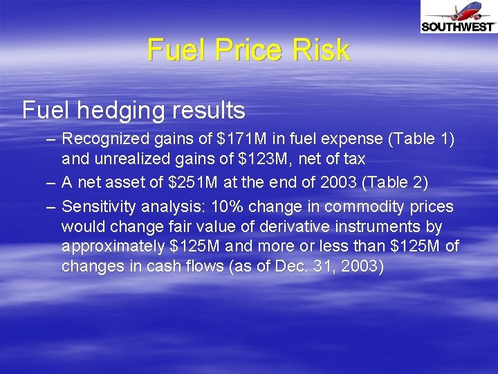 Fuel Price Risk Fuel hedging results – Recognized gains of $171 M in fuel