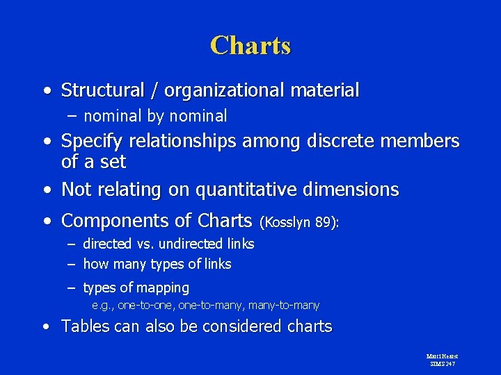 Charts • Structural / organizational material – nominal by nominal • Specify relationships among